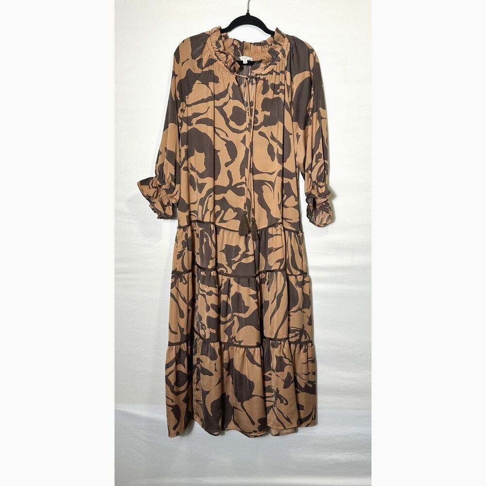 Easel Floral Maxi Dress Mocha Tiered Boho Cottagecore V-Neck Long Sleeve Size S